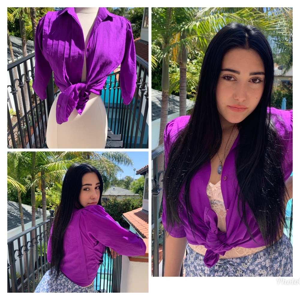 Vintage 80s purple puff sleeve blouse top S